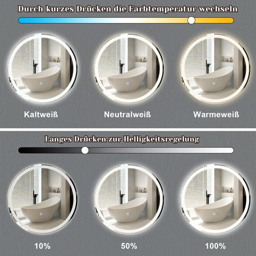 Miroir De Salle De Bain LED 50cm Avec Fonction Antibuée Ip44 Rond Blanc Gradable