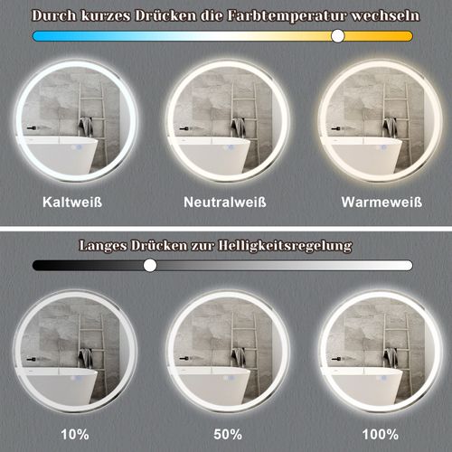 Miroir De Salle De Bain Avec Fonction Antibuée Ip44 Rond Blanc Gradable Miroir De Salle De Bain