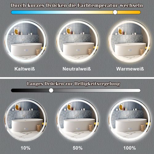 Miroir De Salle De Bain Avec Fonction Antibuée Ip44 Rond Blanc Gradable Miroir De Salle De Bain