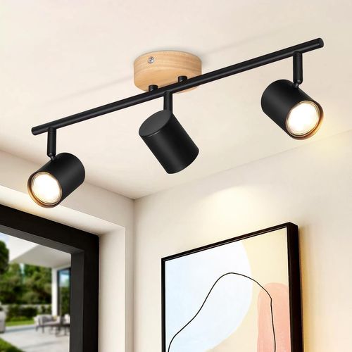Spot De Plafond Moderne 3 Flammes Gu10 Pour Salon, Noir En Bois Et Métal