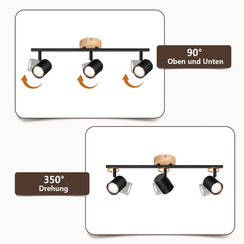 Spot De Plafond Moderne 3 Flammes Gu10 Pour Salon, Noir En Bois Et Métal