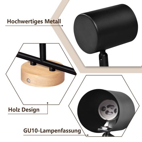 Spot De Plafond Moderne 3 Flammes Gu10 Pour Salon, Noir En Bois Et Métal