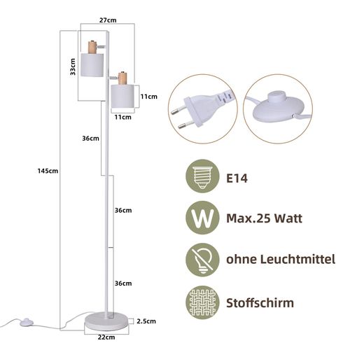 Lampadaire Élégant 145 Cm à 2 Flammes Avec Abat-jour En Tissu E14 Blanc Pivotant