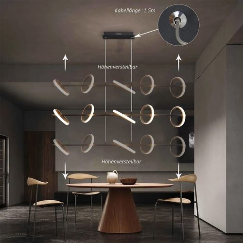 Suspension LED Noir Moderne Table à Manger Rotation Anneaux Amovibles
