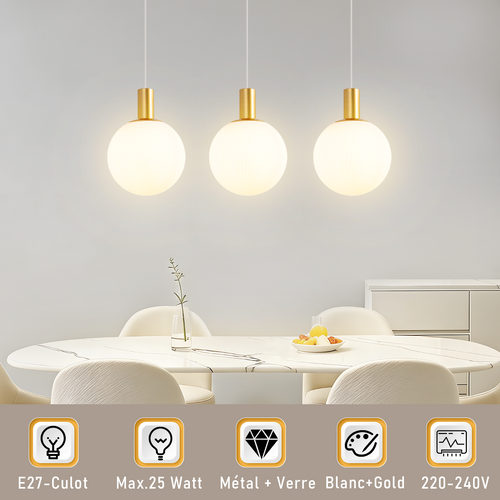 Lustre Moderne Suspendu 3 Flammes E27 Or-blanc Pour Salle à Manger Et Chambre D'hôtel