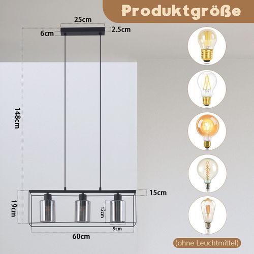 Lampe Suspendue Vintage à 3 Flammes En Verre E27 Pour Salle à Manger Et Cuisine