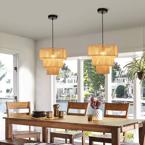 Suspension En Rotin Beige Boho Pour Salle à Manger Et Restaurant - 1 Flamme