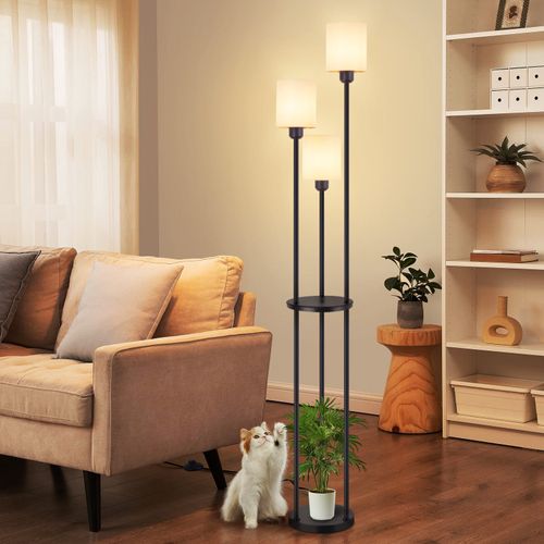 Lampadaire Salon 3 Lumières E27 Blanc Avec Étagère - Élégance Campagne