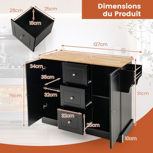 Ilot Central Cuisine Comptoir En Bois D'hévéa, Porte-épices, 46 X 127 X 91 Cm (noir)