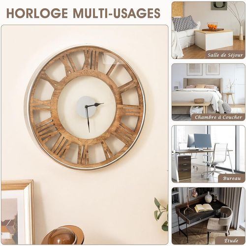 Horloge Murale Silencieuse De 40 Cm, Grande Horloge Ronde Pour Chambre Bureau Salon, Bois Naturel