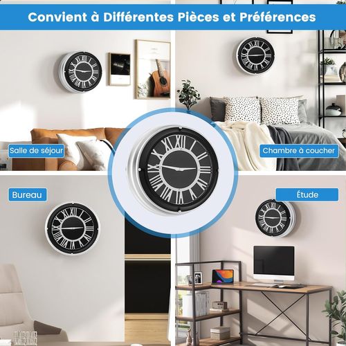 Horloge Murale Silencieuse De 45 Cm, Grande Horloge Ronde Pour Chambre Bureau Salon, Noir+argent