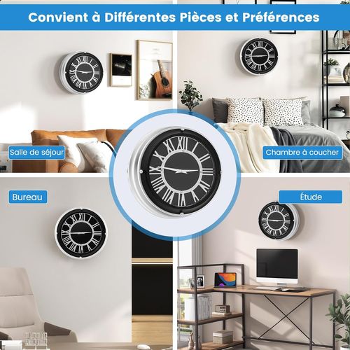 Horloge Murale Silencieuse De 34,5 Cm, Grande Horloge Ronde Pour Chambre Bureau Salon, Noir+argent