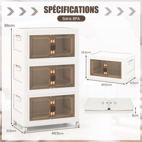 Boîte Rangement Plastique 125l, 3 Caisses De Rangement Pliables Avec 4 Roulettes,  Cuisine (125l)