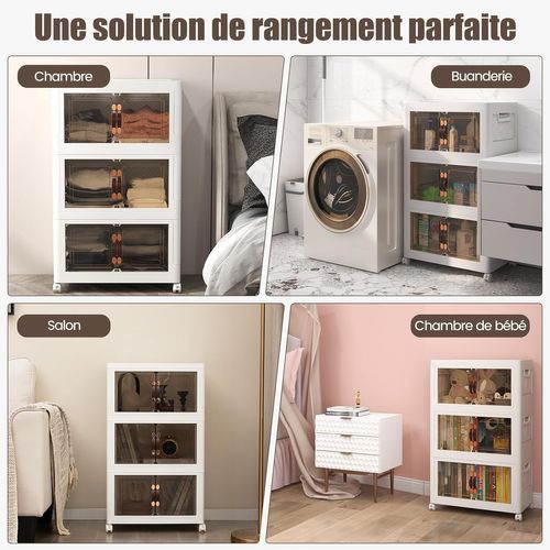 Boîte Rangement Plastique 125l, 3 Caisses De Rangement Pliables Avec 4 Roulettes,  Cuisine (125l)