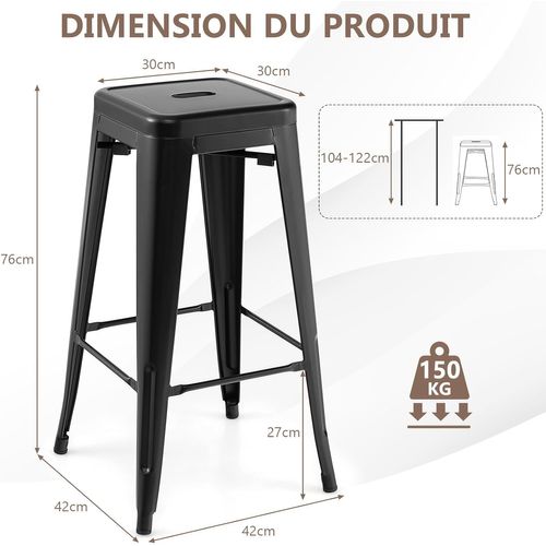 Tabouret De Bar Empilable Lot De 4,aucun Assemblage, Charge 150kg, Pour Salle à Manger(noir)