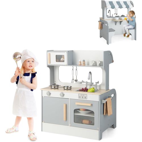 2 En 1 Cuisine Enfants Double Face Avec 10 Accessoires, Jeu De Cuisine Avec Evier Et Four,70x52x90cm
