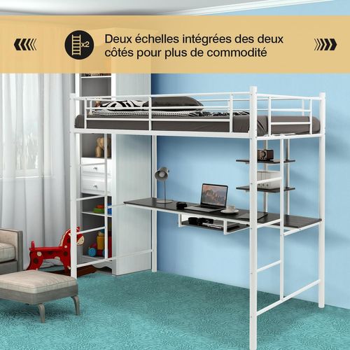 Lit Mezzanine En Métal Avec Bureau, 2 Étagères Et 2 Echelles,pour Matelas De 90 X 190 Cm (blanc)
