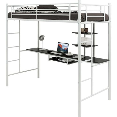 Lit Mezzanine En Métal Avec Bureau, 2 Étagères Et 2 Echelles,pour Matelas De 90 X 190 Cm (blanc)