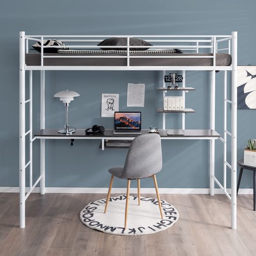 Lit Mezzanine En Métal Avec Bureau, 2 Étagères Et 2 Echelles,pour Matelas De 90 X 190 Cm (blanc)