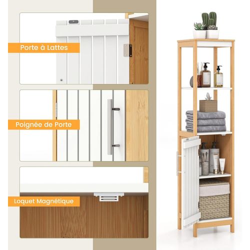 Meuble Colonne De Salle De Bain, Étagère Réglable, 30 X 30 X 129 Cm, Naturel + Blanc