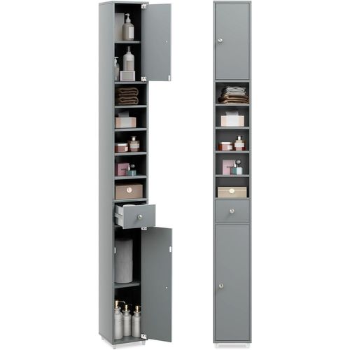Meuble De Rangement Salle De Bain, Meuble Colonne Avec 2 Placards à Porte,20 X 20 X 180 Cm, Gris