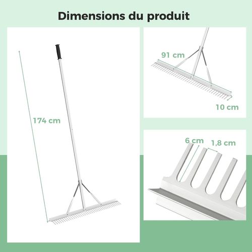 Râteau De Jardin En Aluminium Avec Large Tête De 91 Cm, Rateau De Paysage Avec Manche De 174 Cm