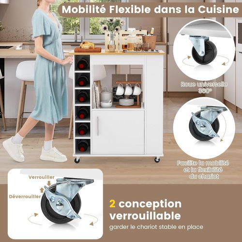Desserte De Cuisine Sur Roulettes, Chariot Ilot De Cuisine Comptoir En Bambou,44 X 76 X 89 Cm,blanc