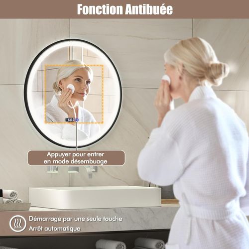 Miroir Salle De Bain LED à 3 Couleurs Et Luminosité Réglable, Miroir Mural Anti-buée,60 X 60 Cm