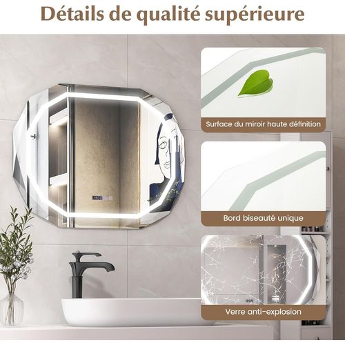 Miroir Salle De Bain LED à 3 Couleurs Et Luminosité Réglable, Miroir Mural Ovale Anti-buée,91,5x71cm