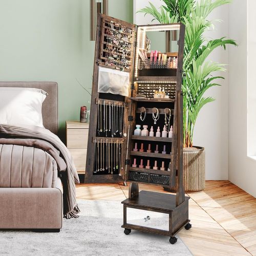 Armoire à Bijoux Sur Roulettes, Verrouillable, Organisateur De Bijoux Sur Pieds  (marron)