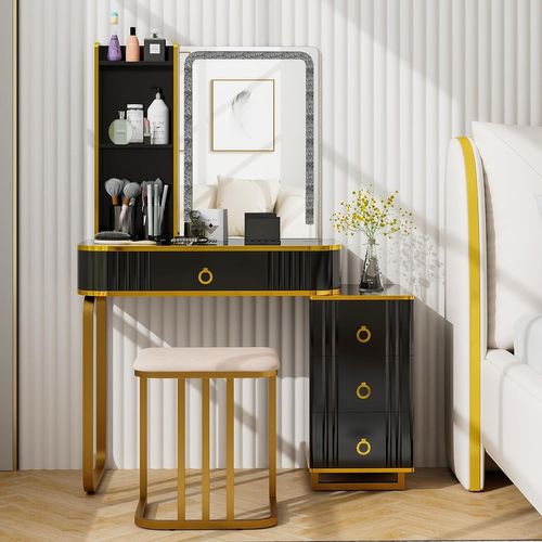 Coiffeuse Avec Miroir LED, Table De Maquillage Avec Tabouret Rembourré, Type-c, Style Moderme, Noir