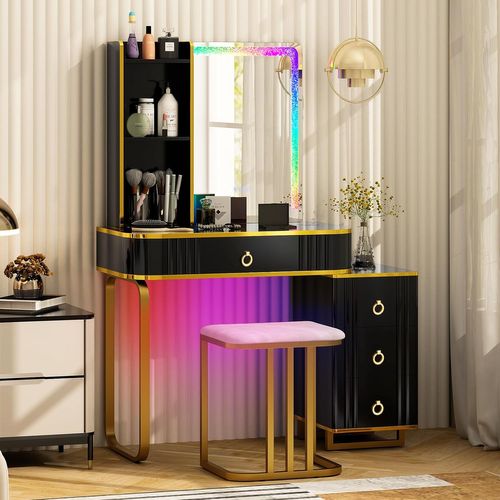Coiffeuse Avec Miroir Lumineux Et Tabouret, 4 Tiroirs Eclairage Led 3 Modes Mdf Blanc 98957182