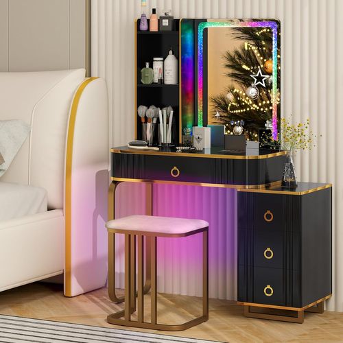 Coiffeuse Avec Miroir LED, Table De Maquillage Avec Tabouret Rembourré, Type-c, Style Moderme, Noir