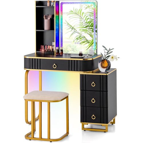 Coiffeuse Avec Miroir LED, Table De Maquillage Avec Tabouret Rembourré, Type-c, Style Moderme, Noir