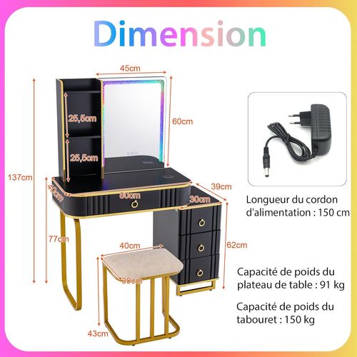 Coiffeuse Avec Miroir LED, Table De Maquillage Avec Tabouret Rembourré, Type-c, Style Moderme, Noir