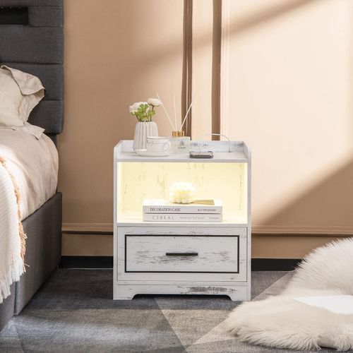 Table De Chevet Moderne Avec Chargeur Sans Fil, LED, USB, Bluetooth - 2 Tiroirs - Blanc 40x46 Cm