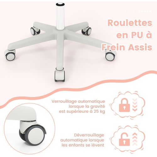 Chaise De Bureau Pivotante Enfants Avec Hauteur Réglable 80-92cm,Siège à Roulettes Enfants,Rose