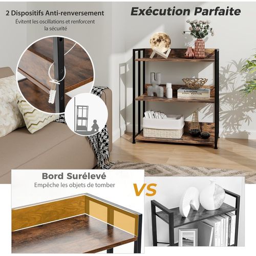 Bibliothèque Industrielle à 3 Niveaux, Étagère De Rangement A, 35 X 70 X 81 Cm, Marron Rustique