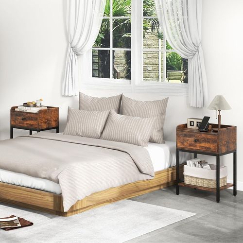 Table De Chevet Avec Station De Recharge, Table D'appoint Industrielle Avec Tiroir, Marron Rustique