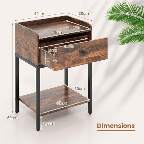 Table De Chevet Avec Station De Recharge, Table D'appoint Industrielle Avec Tiroir, Marron Rustique