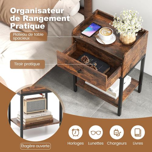 Table De Chevet Avec Station De Recharge, Table D'appoint Industrielle Avec Tiroir, Marron Rustique