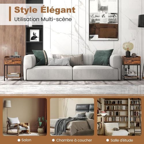 Table De Chevet Avec Station De Recharge, Table D'appoint Industrielle Avec Tiroir, Marron Rustique