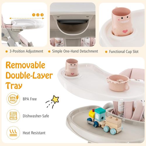 Chaise Haute Bébé Convertible, Chaise Portable Pour Tout-petits Avec Double Plateau(rose)