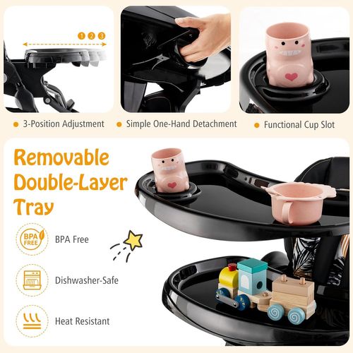 Chaise Haute Bébé Convertible, Chaise Portable Pour Tout-petits Avec Double Plateau (noir)