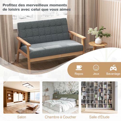 Canapé 2 Places, Fauteuil De Salon Avec Cadre En Bois D’hévéa Et Tissu En Lin Respirant,114x72x77 Cm