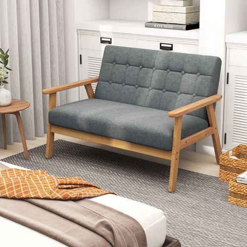 Canapé 2 Places, Fauteuil De Salon Avec Cadre En Bois D’hévéa Et Tissu En Lin Respirant,114x72x77 Cm