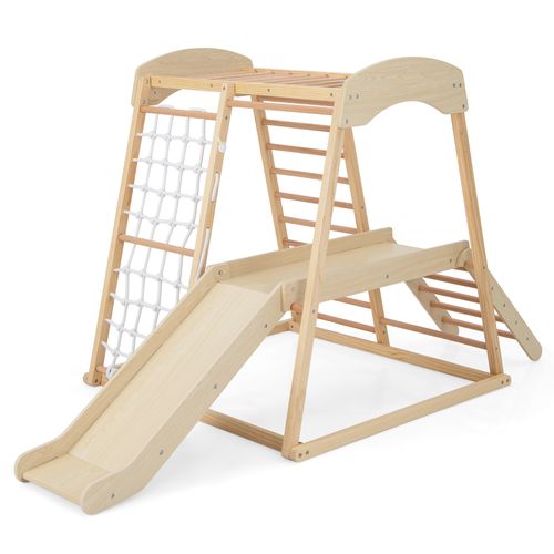 6 En 1 Triangle D'escalade En Bois Enfants Avec Toboggan Et Zone Tampon, Charge 60kg (naturel)