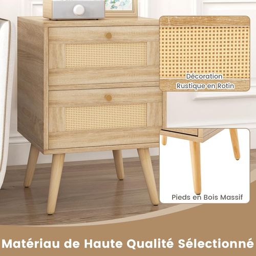 Table De Chevet En Rotin, Table De Nuit Bois Avec 2 Tiroirs Et 4 Pieds En Pin, 40 X 40 X 59 Cm