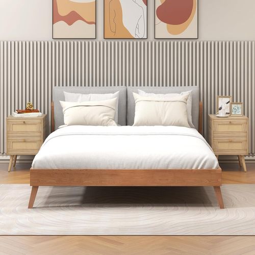 Table De Chevet En Rotin, Table De Nuit Bois Avec 2 Tiroirs Et 4 Pieds En Pin, 40 X 40 X 59 Cm