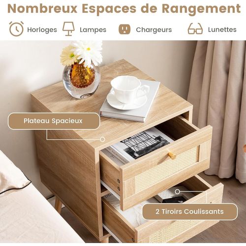 Table De Chevet En Rotin, Table De Nuit Bois Avec 2 Tiroirs Et 4 Pieds En Pin, 40 X 40 X 59 Cm